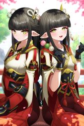 Rule 34 | 2girls, absurdres, black gloves, black hair, blunt bangs, blurry, blurry background, breasts, closed mouth, dango, day, food, gloves, hair ornament, hand on own arm, hands up, highres, hinoa, holding, holding food, japanese clothes, kimono, kohanayuki, light blush, long hair, looking at viewer, medium breasts, minoto, monster hunter (series), monster hunter rise, multiple girls, open mouth, petals, pointy ears, short hair, siblings, sidelocks, sisters, sitting, smile, tassel, teeth, twins, twitter username, upper teeth only, wagashi, yellow eyes