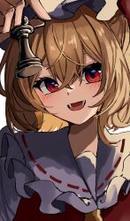 Rule 34 | 1girl, absurdres, ascot, blonde hair, chess piece, crystal, fangs, flandre scarlet, hat, highres, looking at viewer, medium hair, open mouth, pawn (chess), red eyes, solo, touhou, umiwatari, upper body, yellow ascot