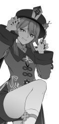 Rule 34 | 1girl, coat, collared shirt, commentary request, flower-shaped pupils, genshin impact, ghost pose, greyscale, grin, hair between eyes, highres, hu tao (genshin impact), jewelry, knee up, kneehighs, long hair, long sleeves, looking at viewer, monochrome, multiple rings, nail polish, ring, shirt, short shorts, shorts, simple background, smile, socks, solo, standing, standing on one leg, symbol-shaped pupils, takai isshiki, thighs, twintails, white background