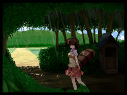 Rule 34 | 1girl, animal ears, arms behind back, blouse, blue sky, breasts, brown hair, capelet, cloud, contemporary, day, female focus, forest, futatsuiwa mamizou, glasses, highres, hill, leaf, leaf on head, light rays, liya, looking at viewer, medium breasts, nature, object on head, path, power lines, raccoon ears, raccoon tail, red eyes, rice paddy, road, semi-rimless eyewear, shade, shirt, short hair, shrine, sideboob, skirt, sky, solo, sunbeam, sunlight, tail, touhou, tree shade, utility pole, walking, water