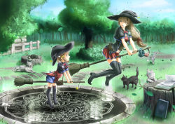 Rule 34 | 2girls, age difference, bag, black footwear, black legwear, blue eyes, book, boots, bow, bowtie, breasts, broom, broom riding, brown hair, cat, cleavage, corset, crystal, day, dog, fence, floating, forest, grass, green eyes, grimoire, hair bobbles, hair ornament, hair ribbon, hat, highres, jewelry, leaf, light brown hair, long hair, looking at another, looking back, low-tied long hair, lying, magic, magic circle, medium breasts, midriff peek, multiple girls, nature, navel, necklace, on stomach, open book, open mouth, original, outdoors, parsue, pendant, pleated skirt, pointy footwear, pouch, profile, puffy short sleeves, puffy sleeves, radio, red ribbon, red skirt, ribbon, runes, sack, satchel, shoes, short sleeves, skirt, teaching, thigh boots, thighhighs, tongue, tongue out, tree, tree stump, underbust, witch, witch hat, wooden fence