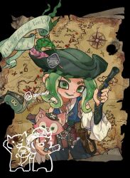 Rule 34 | 1girl, character request, copyright request, detached sleeves, english text, eyebrow cut, green eyes, green hair, green hat, gun, hat, hat feather, highres, holding, holding gun, holding weapon, jellyfish (splatoon), jewelry, long hair, looking at viewer, map, necklace, nintendo, octoling, octoling girl, octoling player character, open mouth, pink fur, pirate, pirate hat, pouch, puffy sleeves, qbnian, smile, splatoon (series), tentacle hair, weapon, white sleeves