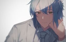 Rule 34 | 1boy, blue hair, closed mouth, collared shirt, formal, half updo, head rest, highres, jacket, jewelry, light blue hair, long sleeves, looking at viewer, mahoutsukai no yakusoku, male focus, neckerchief, nero turner, piza-chan, ring, shirt, short hair, short ponytail, smile, solo, white background, white jacket, white neckerchief, white shirt, yellow eyes