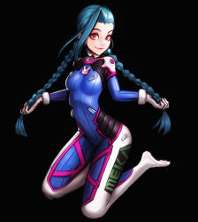 Rule 34 | 1girl, animal print, aqua hair, asymmetrical hair, black background, blue bodysuit, bodysuit, braid, breasts, closed mouth, clothes writing, commentary, cosplay, covered navel, d.va (overwatch), d.va (overwatch) (cosplay), full body, gloves, highres, holding, holding hair, jinx (league of legends), jungon kim, kneeling, lips, long hair, medium breasts, overwatch, overwatch 1, pink eyes, rabbit print, simple background, skin tight, smile, solo, thick eyebrows, twin braids, very long hair, white gloves