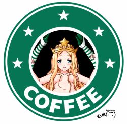 Rule 34 | 1girl, 2015, blonde hair, blue eyes, blush, breasts, crown, dated, hair censor, hair over breasts, long hair, looking at viewer, medium breasts, nude, ppshex, solo, starbucks, starbucks siren, striped clothes, striped legwear, striped thighhighs, thighhighs