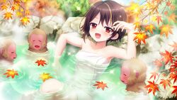 Rule 34 | 1girl, autumn leaves, bandou mikuru, blonde hair, breasts, brown hair, closed eyes, collarbone, day, dot nose, film grain, game cg, hand up, izumi tsubasu, lens flare, medium breasts, monkey, multicolored hair, naked towel, non-web source, official art, onsen, open mouth, outdoors, partially submerged, re:stage!, reclining, red eyes, relaxing, rock, short hair, smile, solo, sparkle, steam, streaked hair, towel, tree, two-tone hair, white towel