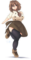 Rule 34 | 1girl, breasts, brown hair, eno konoe, large breasts, looking at viewer, mikomu, open mouth, original, plump, red eyes, smile, solo, standing, thick eyebrows, thick thighs, thighhighs, wide hips
