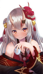 Rule 34 | 1girl, bare shoulders, bell, blush, choko (cup), commentary request, cup, demon girl, demon horns, double bun, eyelashes, fang, forehead, frilled sleeves, frills, gold trim, grey hair, hair bun, hair ornament, highres, hololive, horns, japanese clothes, jingle bell, kei8987, long hair, long sleeves, mask, mask on head, multicolored hair, nakiri ayame, nakiri ayame (1st costume), red eyes, red hair, simple background, skin fang, smile, solo, streaked hair, tassel, upper body, virtual youtuber, white background, white hair, wide sleeves