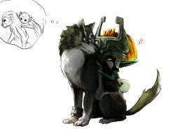 Rule 34 | 1girl, alderion-al, anger vein, angry, blue eyes, earrings, helmet, jewelry, link, wolf link, midna, nintendo, pointy ears, red eyes, straddling, the legend of zelda, the legend of zelda: twilight princess, thought bubble, wolf