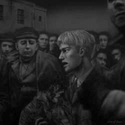 Rule 34 | 3boys, absurdres, blood, blood on face, carrying, closed eyes, colt grice, crowd, death, from side, greyscale, highres, looking ahead, looking at another, male focus, monochrome, multiple boys, princess carry, profile, realistic, sad, shingeki no kyojin, short hair, sideburns, simi braun, solo focus, spoilers, udo (shingeki no kyojin), upper body, worried