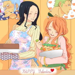 Rule 34 | 2boys, 2girls, apron, bowl, floral print, franky (one piece), heart, hetero, lowres, multiple boys, multiple girls, nami (one piece), nico robin, one piece, orange hair, ponytail, roronoa zoro, sweater, thought bubble, valentine