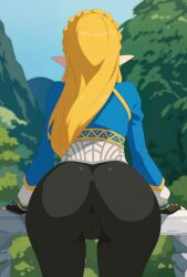 Rule 34 | 1girl, absurdres, ai-assisted, ass, black pants, blonde hair, blue shirt, braid, cameltoe, cleft of venus, cowboy shot, crown braid, day, fingerless gloves, from behind, gloves, guilegaze, highres, leaning forward, link, long hair, long sleeves, nintendo, outdoors, pants, pointy ears, princess zelda, shirt, the legend of zelda, the legend of zelda: breath of the wild, tree