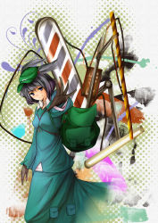Rule 34 | 1girl, backpack, bad id, bad pixiv id, bag, blue dress, chainsaw, dress, expressionless, female focus, flat cap, hat, holding, kawashiro nitori, long sleeves, looking at viewer, metalwasabi, solo, touhou, two side up