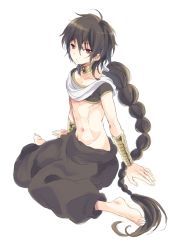 Rule 34 | 1boy, bangle, barefoot, black hair, bracelet, frown, jewelry, judal, long hair, magi the labyrinth of magic, male focus, midriff, navel, pa kiiro, ponytail, powd, red eyes, simple background, sitting, solo, very long hair, wariza, white background