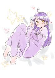 Rule 34 | 1girl, :o, absurdres, ahoge, blush, brown eyes, fetal position, frills, hair down, hair flaps, heart, highres, long hair, long sleeves, looking at viewer, lying, on side, open mouth, pajamas, parted lips, partially colored, precure, purple hair, purple pajamas, sketch, solo, star (symbol), suzumura sango, tankobukids, tropical-rouge! precure