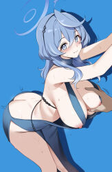 Rule 34 | 1boy, 1girl, absurdres, ako (blue archive), ako (dress) (blue archive), ass, ateoyh, blue archive, blue dress, blue eyes, blue hair, blue halo, blush, breasts, butt crack, cleavage, dimples of venus, dress, grabbing, grabbing another&#039;s breast, groping, halo, highres, large breasts, long hair, nipples, official alternate costume, revealing clothes, sideboob, sleeveless, sleeveless dress, solo, thighs