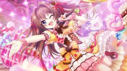 Rule 34 | 1girl, ;d, ahoge, blue eyes, bow, breasts, brown corset, brown hair, cake, concert, corset, dot nose, dress, dutch angle, film grain, food, game cg, hair bow, hair intakes, hand up, heart, holding, holding microphone, idol, idol clothes, izumi tsubasu, layered skirt, lens flare, long hair, microphone, non-web source, official art, one eye closed, open mouth, outstretched arm, pink wristband, puffy short sleeves, puffy sleeves, re:stage!, red bow, red footwear, screen, shikimiya aone, shoes, short sleeves, skirt, small breasts, smile, solo, sparkle, standing, standing on one leg, strawberry cake, two side up, underbust, valentine, whipped cream, yellow bow, yellow dress