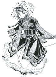 Rule 34 | 1girl, amira, arrow (projectile), bihuresuto, bow (weapon), braid, dress, earrings, head scarf, jewelry, monochrome, necklace, otoyomegatari, solo, traditional clothes, traditional media, weapon