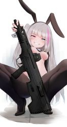 Rule 34 | 1girl, absurdres, animal ears, assault rifle, automatic rifle, battle rifle, black footwear, black hairband, black pantyhose, blue eyes, breasts, bullpup, carbine, commentary request, desert tech mdr, fake animal ears, girls&#039; frontline, gun, hairband, heterochromia, highres, long hair, looking at viewer, mdr (girls&#039; frontline), meme attire, momo (higanbana and girl), multicolored hair, one side up, pantyhose, pink eyes, pink hair, rabbit ears, reverse bunnysuit, reverse outfit, rifle, shoes, silver hair, simple background, small breasts, smile, solo, squatting, streaked hair, weapon, white background