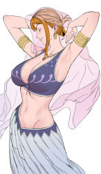 Rule 34 | 1girl, arabian clothes, armlet, armpits, arms up, bare shoulders, belly dancing, breasts, cleavage, closed eyes, closed mouth, commentary, cowboy shot, crop top, dancer, earrings, gold earrings, hair behind ear, harem outfit, highres, jewelry, large breasts, midriff, nami (one piece), navel, necklace, official alternate costume, one piece, orange hair, orange nails, pink veil, profile, short hair, single sidelock, skirt, solo, uukkaa, veil, white background, white skirt