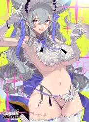 Rule 34 | 1girl, ahoge, animal ears, apron, bare shoulders, blue eyes, blush, breasts, extra ears, fangs, fox ears, fox shadow puppet, frilled hairband, frills, g-string, gloves, grey hair, hair between eyes, hairband, huge ahoge, large breasts, long hair, navel, open mouth, original, revision, shoes, sideboob, smile, solo, tajima ryuushi, thighhighs, thong, underboob, very long hair, white gloves