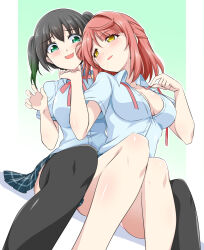 Rule 34 | 2girls, bare legs, black hair, black thighhighs, blue shirt, blue skirt, blush, breasts, bunji, collarbone, collared shirt, commentary request, convenient leg, dutch angle, feet out of frame, gradient background, gradient hair, green background, green eyes, hair between eyes, hair bun, hair in own mouth, hand on another&#039;s chin, hand up, hands up, heads together, highres, holding, holding ribbon, knees together feet apart, knees up, looking at another, looking back, love live!, love live! nijigasaki high school idol club, medium breasts, medium hair, miniskirt, multicolored hair, multiple girls, neck ribbon, no bra, open mouth, panties, pantyshot, parted lips, partially unbuttoned, pink panties, plaid, plaid skirt, pleated skirt, raised eyebrows, red hair, red ribbon, ribbon, shirt, short hair, single side bun, sitting, skirt, spread legs, sweatdrop, takasaki yu, thighhighs, twintails, two-tone hair, uehara ayumu, underwear, undone neck ribbon, wavy mouth, white background, yellow eyes, yuri