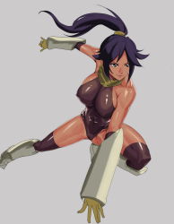 Rule 34 | 1girl, arm support, armor, bare shoulders, bleach, boots, breasts, covered erect nipples, dark-skinned female, dark skin, detached sleeves, elbow gloves, fighting stance, foreshortening, full body, gloves, impossible clothes, knee boots, kneehighs, kneeling, large breasts, leotard, long hair, looking away, makacoon, ninja, parted bangs, ponytail, purple hair, scarf, scrunchie, shihouin yoruichi, shiny clothes, sideboob, simple background, sketch, skin tight, smile, socks, solo, spread legs, thighhighs, thighs, yellow eyes