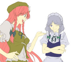 Rule 34 | 2girls, apron, blue eyes, bow, braid, crossed arms, embodiment of scarlet devil, female focus, flat color, hair bow, hand on own hip, hat, hip focus, hong meiling, izayoi sakuya, long hair, maid, maid apron, maid headdress, multiple girls, one eye closed, open mouth, red hair, shiba itsuki, short hair, silver hair, simple background, skirt, smile, star (symbol), touhou, twin braids, upper body, white background, wink