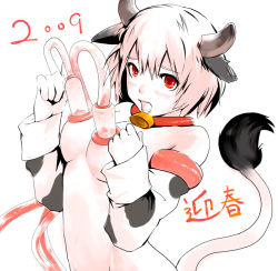 Rule 34 | 00s, 1girl, 2009, animal ears, bell, neck bell, blush, breasts, collar, cow ears, cow girl, cow print, detached sleeves, hanaosutarou, horns, lactation, large breasts, milking machine, nipples, red eyes, short hair, solo, tail, white hair
