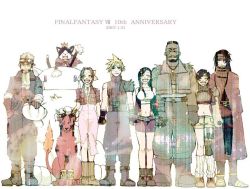 Rule 34 | 1990s (style), 3girls, 4boys, aerith gainsborough, armor, barret wallace, black hair, blonde hair, boots, bow, brown hair, cait sith (ff7), cid highwind, cloud strife, final fantasy, final fantasy vii, goggles, happy, headband, holding hands, kashiyae, multiple boys, multiple girls, red xiii, retro artstyle, smile, standing, suspenders, tifa lockhart, vincent valentine, yuffie kisaragi