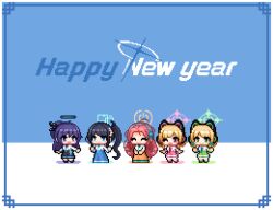 Rule 34 | 5girls, aris (blue archive), black hair, blonde hair, blue archive, blue eyes, chima (clothes), closed eyes, closed mouth, game development department (blue archive), green eyes, green halo, halo, hanbok, happy new year, korean clothes, long hair, long sleeves, mechanical halo, midori (blue archive), momoi (blue archive), multiple girls, new year, one eye closed, open mouth, orange halo, pink halo, pixel art, purple eyes, purple hair, red eyes, red hair, redforge, short hair, short sleeves, smile, yuuka (blue archive), yuzu (blue archive)