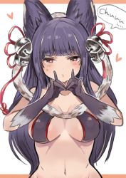 Rule 34 | 10s, 1girl, animal ears, bell, blush, breasts, erune, fox ears, fox shadow puppet, granblue fantasy, hair bell, hair ornament, heart, jingle bell, long hair, looking at viewer, navel, puckered lips, red eyes, solo, speech bubble, toi (toiot), upper body, yuel (granblue fantasy)