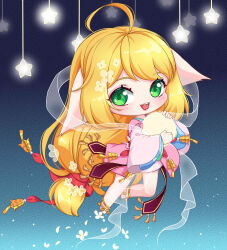 Rule 34 | 1girl, :d, absurdres, ahoge, animal ears, anklet, ball, bare legs, bell, blonde hair, blue background, blush, chibi, chinese clothes, dress, ears down, flower, fox ears, full body, gradient background, green eyes, hair flower, hair ornament, hanfu, highres, holding, holding ball, huyao xiao hongniang, jewelry, kumu zaisheng, layered sleeves, leg up, long hair, long sleeves, looking at viewer, low-tied long hair, open mouth, pink dress, see-through shawl, shawl, short dress, short over long sleeves, short sleeves, smile, solo, star (symbol), teeth, tushan susu, upper teeth only, very long hair, white flower, wide sleeves