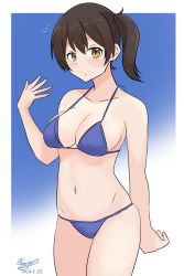 Rule 34 | 1girl, absurdres, alternate costume, bare shoulders, bikini, blue bikini, breasts, brown eyes, brown hair, cleavage, cowboy shot, dated, highres, kaga (kancolle), kantai collection, large breasts, long hair, looking at viewer, midriff, navel, noruren, side ponytail, signature, solo, swimsuit