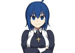 Rule 34 | 1girl, ahoge, blue eyes, blue hair, breasts, ciel (tsukihime), closed mouth, cross, crossed arms, jewelry, large breasts, melty blood, melty blood: type lumina, oyaji-sou, pendant, short hair, simple background, smile, solo, tsukihime, tsukihime (remake), upper body, white background