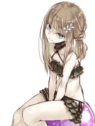 Rule 34 | 1boy, aqua eyes, ball, beachball, bikini, brown hair, choker, closed mouth, green hair, gretel (sinoalice), happy turn2, long hair, looking at viewer, male focus, ribbon, side ponytail, sinoalice, sketch, solo, swimsuit, trap, two side up, wet