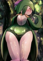 Rule 34 | 1girl, against tree, ass, ass focus, back, backless leotard, backless outfit, blush, cape, colored skin, creatures (company), cum, cum on legs, cumdrip, feet out of frame, female focus, flower, flower on head, from behind, game freak, gen 8 pokemon, green cape, green hair, green leotard, half-closed eye, hand up, hetero, highres, hisuian lilligant, huge ass, kneeling, leotard, looking at viewer, looking back, medium hair, monster girl, nintendo, no fingers, no mouth, outdoors, petite, plant girl, pokemon, pokemon (creature), pov, profile, ra n xxx, red eyes, solo, tree, waist cape, white skin