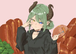 Rule 34 | 1girl, absurdres, black hoodie, black nails, blue eyes, blush, breasts, brown horns, closed mouth, commentary request, curled horns, demon girl, double bun, fang, fang out, food, fork, green hair, hair between eyes, hair bun, hand on own cheek, hand on own face, heterochromia, highres, holding, holding fork, hood, hood down, hoodie, horns, lettuce, long bangs, long sleeves, looking at viewer, mebarunavy, medium breasts, nanashi inc., pink background, sausage, sekishiro mico, short hair, smile, solo, upper body, virtual youtuber, yellow eyes