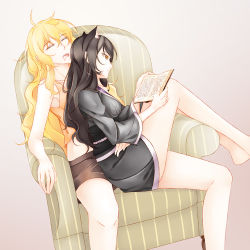 Rule 34 | 2girls, ahoge, animal ears, armchair, bare legs, black hair, black shorts, blake belladonna, blonde hair, book, cat ears, cat girl, chair, drooling, extra ears, closed eyes, female focus, hug, inu0831, japanese clothes, kimono, long hair, multiple girls, open book, open mouth, reading, round teeth, rwby, saliva, sash, short shorts, shorts, sitting, sitting on lap, sitting on person, sleeping, striped, tank top, teeth, thighs, white background, yang xiao long, yellow eyes, yuri