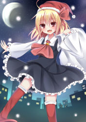 Rule 34 | 1girl, ascot, bell, blonde hair, building, christmas, city, crescent moon, esureki, fang, frilled skirt, frilled sleeves, frills, hair ribbon, hat, moon, night, open mouth, outstretched arm, red eyes, ribbon, rumia, sack, santa hat, skirt, sky, smile, snowing, star (sky), starry sky, thighhighs, touhou, zettai ryouiki