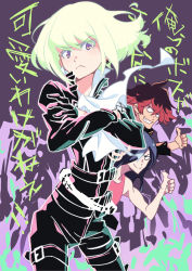 Rule 34 | 3boys, androgynous, belt, bishounen, black gloves, blue hair, earrings, closed eyes, from behind, gloves, green hair, gueira, highres, jewelry, leather, lio fotia, looking at viewer, male focus, meis (promare), multiple belts, multiple boys, nirak, promare, purple eyes, red hair, short hair, single earring, thumbs up