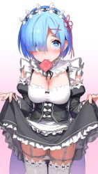 Rule 34 | 1girl, 92m, apron, black dress, black ribbon, blue eyes, blue hair, blunt bangs, blush, breasts, cleavage, condom, condom wrapper, detached sleeves, dress, eyelashes, flower, foreshortening, frilled apron, frills, garter straps, gradient background, hair flower, hair ornament, hair over one eye, hands up, highres, juliet sleeves, lifting own clothes, long sleeves, looking at viewer, maid, mouth hold, neck ribbon, panties, panty pull, pink background, puffy sleeves, pussy juice, raised eyebrow, re:zero kara hajimeru isekai seikatsu, rem (re:zero), ribbon, short hair, skindentation, solo, sweatdrop, thighhighs, thighs, two-tone dress, underwear, waist apron, white apron, white background, white dress, white panties, white thighhighs, x hair ornament
