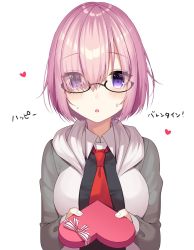 Rule 34 | 1girl, bad id, bad twitter id, blush, box, breasts, collared shirt, eyes visible through hair, fate/grand order, fate (series), gift, glasses, hair over one eye, heart, heart-shaped box, highres, holding, holding gift, hood, hoodie, izumo neru, light purple hair, long sleeves, looking at viewer, mash kyrielight, medium breasts, necktie, parted lips, purple eyes, red necktie, shirt, short hair, solo, sweat, translated, upper body