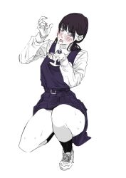 Rule 34 | 1girl, absurdres, black hair, blush, chainsaw man, dress, fourth east high school uniform, highres, low twintails, mitaka asa, neck ribbon, pinafore dress, ribbon, school uniform, senaka look, sexually suggestive, sleeveless, sleeveless dress, solo, sweat, twintails