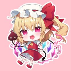 Rule 34 | 1girl, :d, blonde hair, blush, bow, chibi, commentary request, crystal, eyelashes, eyes visible through hair, fang, flandre scarlet, frilled shirt collar, frilled skirt, frills, hair between eyes, hair bow, happy, hat, laevatein (touhou), long hair, looking at viewer, mary janes, mob cap, open mouth, pink background, pointy ears, puffy short sleeves, puffy sleeves, red bow, red eyes, red footwear, red skirt, red vest, shirt, shoes, short sleeves, side ponytail, simple background, skirt, smile, solo, touhou, usushio, vest, white hat, white shirt, wings