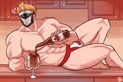Rule 34 | 1boy, ^ ^, abs, bara, blonde hair, broad shoulders, bulge, canadian flag print, closed eyes, cup, drinking glass, feet out of frame, highres, indie virtual youtuber, kitchen, large pectorals, looking to the side, lying, male focus, male underwear, maple syrup, mask, masked himbo (silvyspark), muscular, muscular male, navel, nipples, on side, pectorals, photo-referenced, pouring, red male underwear, scruffyturtles, second-party source, short hair, solo, sparkle, stomach, thick thighs, thighs, topless male, underwear, virtual youtuber, wine glass