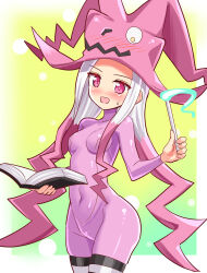 Rule 34 | 1girl, blush, bodysuit, breasts, cougar (cougar1404), dragon: marked for death, hat, long hair, multicolored hair, navel, pink bodysuit, pink hair, purple bodysuit, skin tight, small breasts, tagme, thighhighs, wand, white hair, witch (dmfd), witch hat