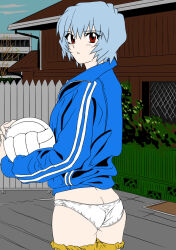 Rule 34 | ass, ass focus, ayanami rei, ball, blue hair, blue jacket, buruma, buruma around leg, buruma pull, clothes pull, eywy4324, from behind, gym shorts, highres, holding, holding ball, jacket, looking at viewer, neon genesis evangelion, panties, presenting, red eyes, shorts, shorts pull, sportswear, track jacket, underwear, undressing, volleyball (object), volleyball uniform, white panties