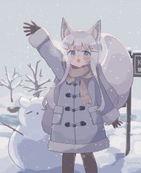 Rule 34 | 1girl, :o, absurdres, animal ears, arm up, black pantyhose, blue eyes, coat, colon br, cowboy shot, fox ears, fox girl, fox tail, grey coat, grey hair, highres, original, outdoors, pantyhose, scarf, snow, snowing, snowman, solo, tail, winter, winter clothes, winter coat