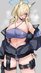 Rule 34 | 1girl, absurdres, animal ears, arm at side, bikini, black coat, blonde hair, blue archive, blue bikini, blue eyes, blush, breasts, cleavage, coat, collarbone, commentary request, gluteal fold, grey background, hair over one eye, halo, hand on own hip, highres, holster, kanna (blue archive), kshimu, large breasts, long hair, looking at viewer, mechanical halo, navel, off shoulder, simple background, standing, steam, stomach, swimsuit, thigh holster, thigh strap